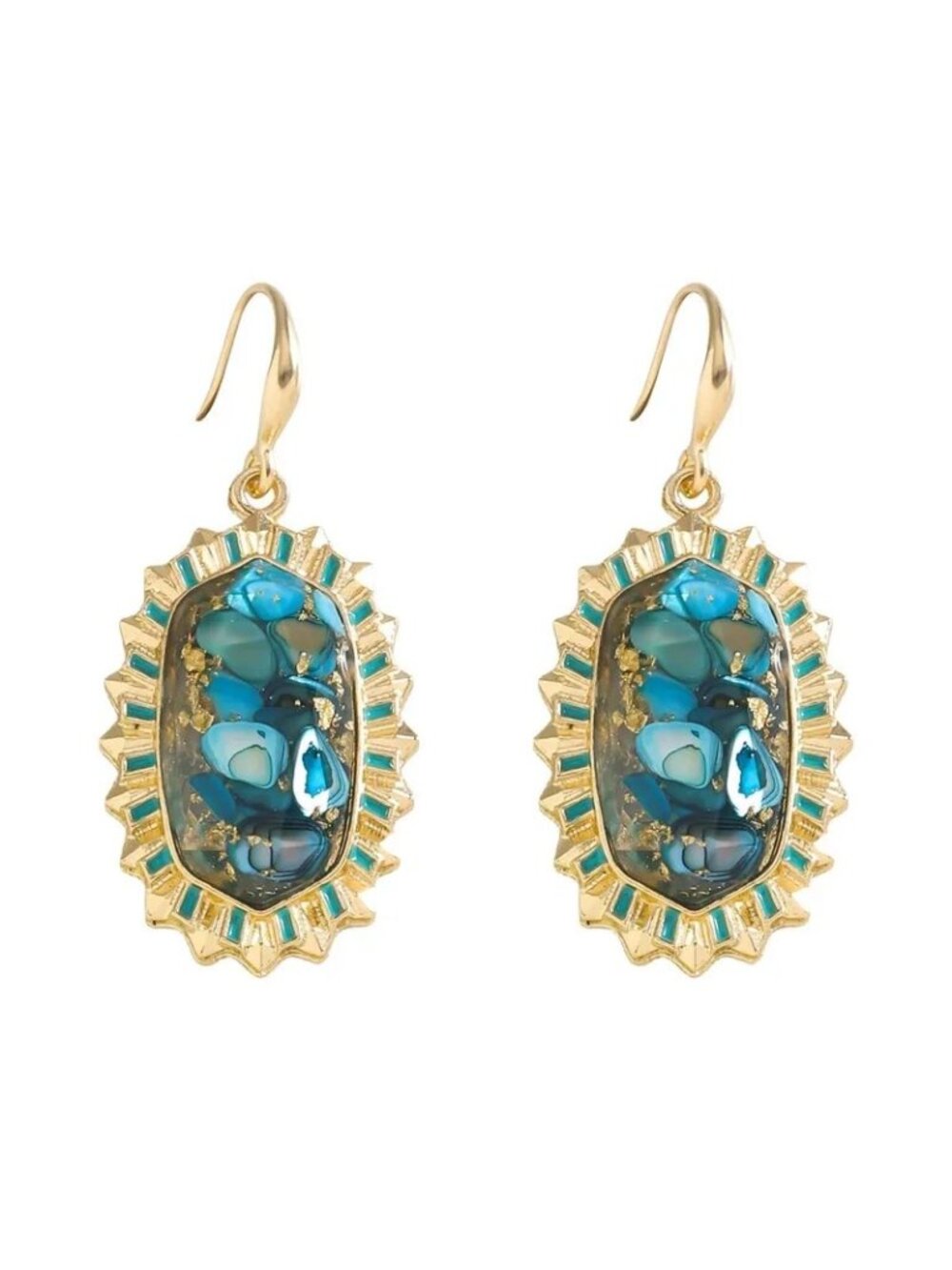 Gold Tone Faux Blue Turquoise Pierced 2 Inch Earrings Trendy Southwest Style